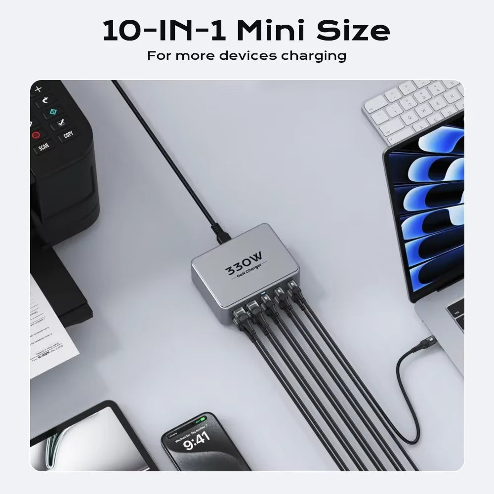 330W USB C Gan Charger 100W PD3.0 PPS QC3.0 Multiport Fast Charging Station for Laptop Iphone 15 16 Samsung Macbook Pro Tablet