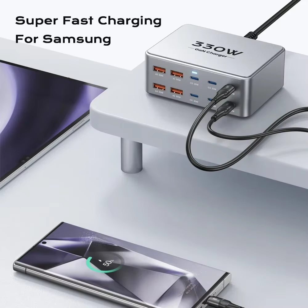 330W USB C Gan Charger 100W PD3.0 PPS QC3.0 Multiport Fast Charging Station for Laptop Iphone 15 16 Samsung Macbook Pro Tablet